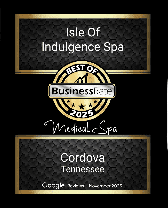Award plaque for Isle of Indulgence Spa, named Best Medical Spa of 2025 by Business Rate in Cordova, Tennessee based on Google reviews.
