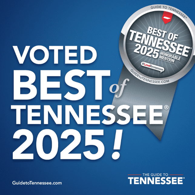 Voted Best of Tennessee 2025" graphic featuring a silver ribbon badge with the Guide to Tennessee logo on a blue background, indicating an honorable mention award.