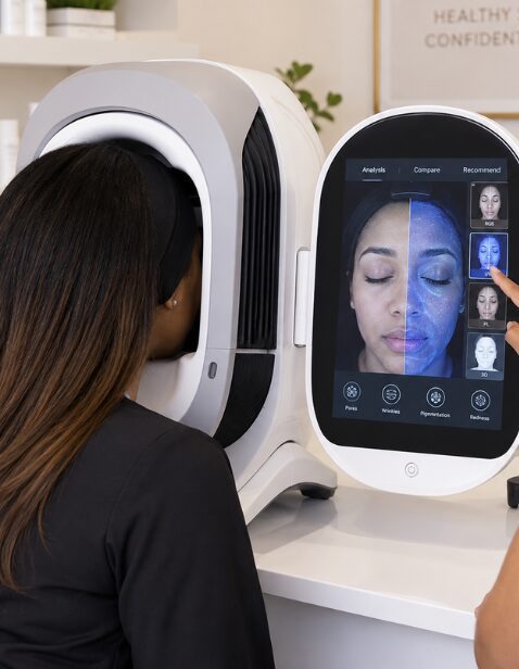 Client receiving an OxiVelour Oxygen Facial with advanced skin analysis in Germantown, TN, serving the Greater Memphis area.