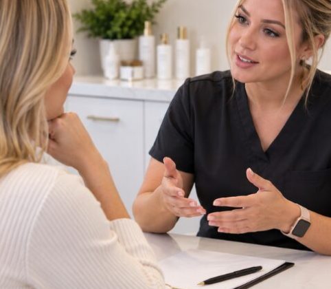 Skincare professional discussing personalized skin treatment options with a client during a skincare consultation in Germantown, TN.